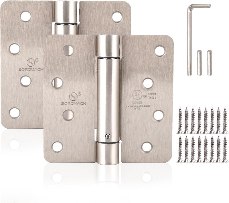 SORGMACH Self Closing Door Hinge 4 inch Satin Nickel Auto Close Hinges Adjustable 4" x 4" Spring Hinges Door Closer Hinge 1/4" Radius Corner Commercial Auto Self-Closing Hinge UL Listed, 2 Pieces - Image 1
